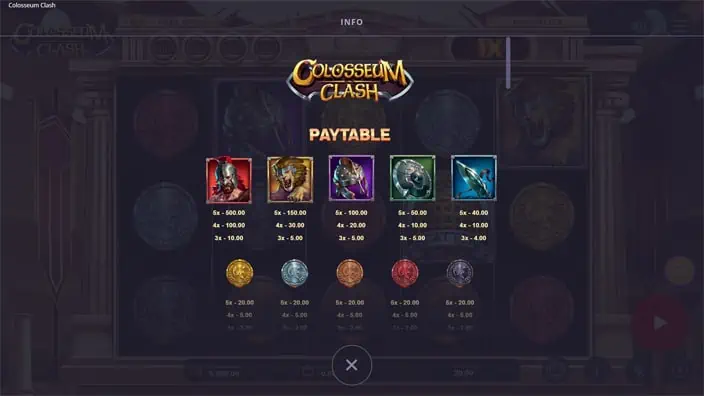 Colosseum Catch slot paytable