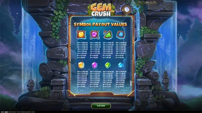 Gem Crush slot paytable