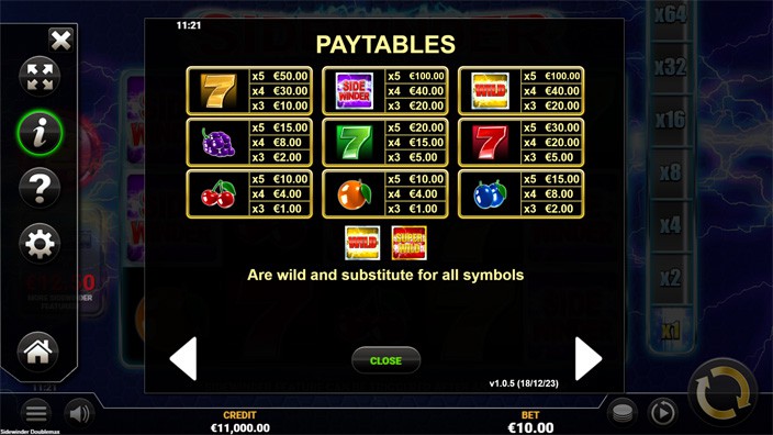 Sidewinder Doublemax slot paytable