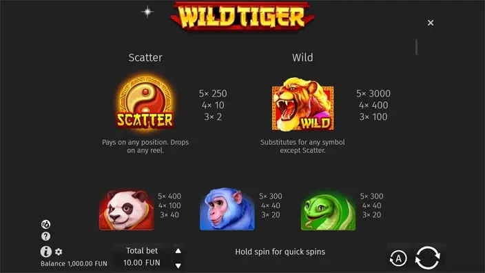Wild Tiger slot paytable