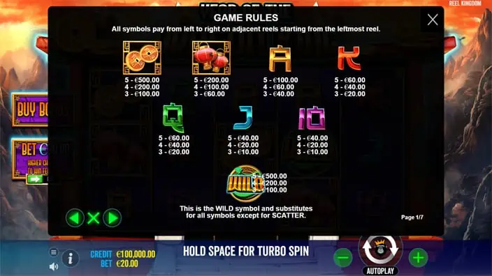Year of the Dragon King slot paytable