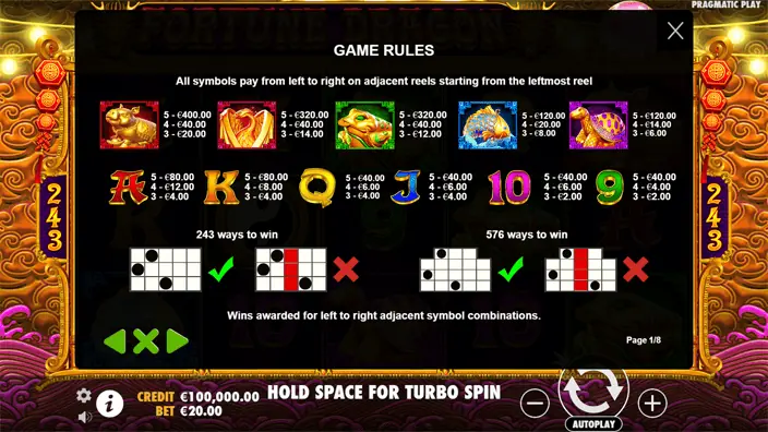 Fortune Dragon slot paytable