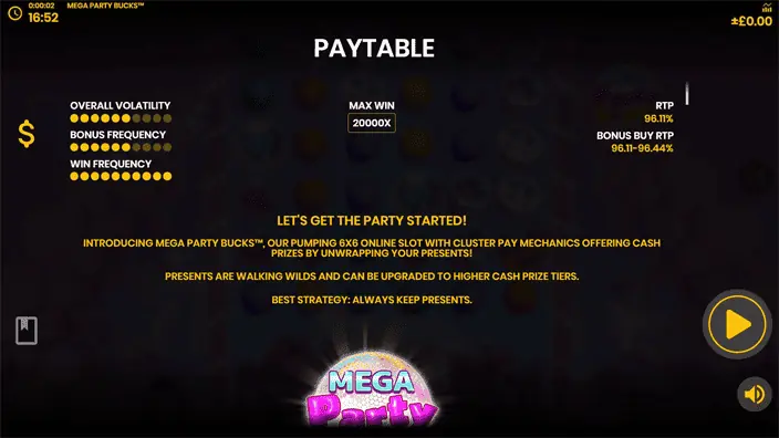 Mega Party Bucks slot paytable
