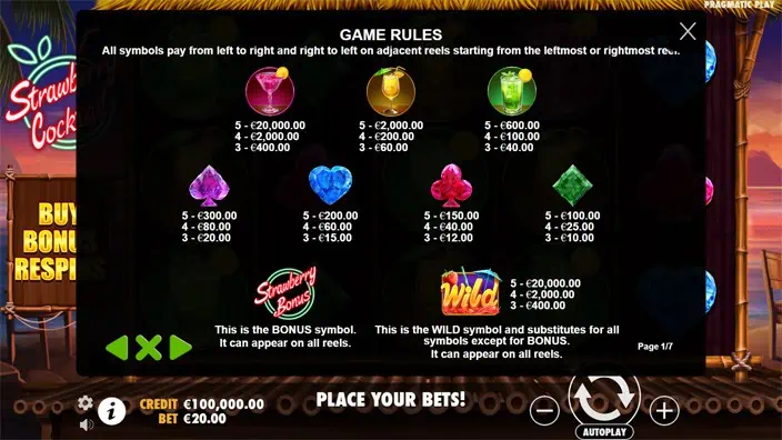 Strawberry Cocktail slot paytable