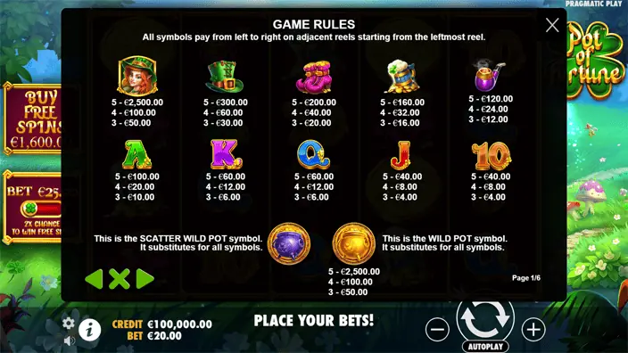 Pot of Fortune slot paytable