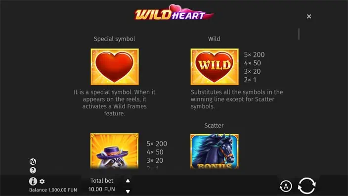 Wild Heart slot paytable