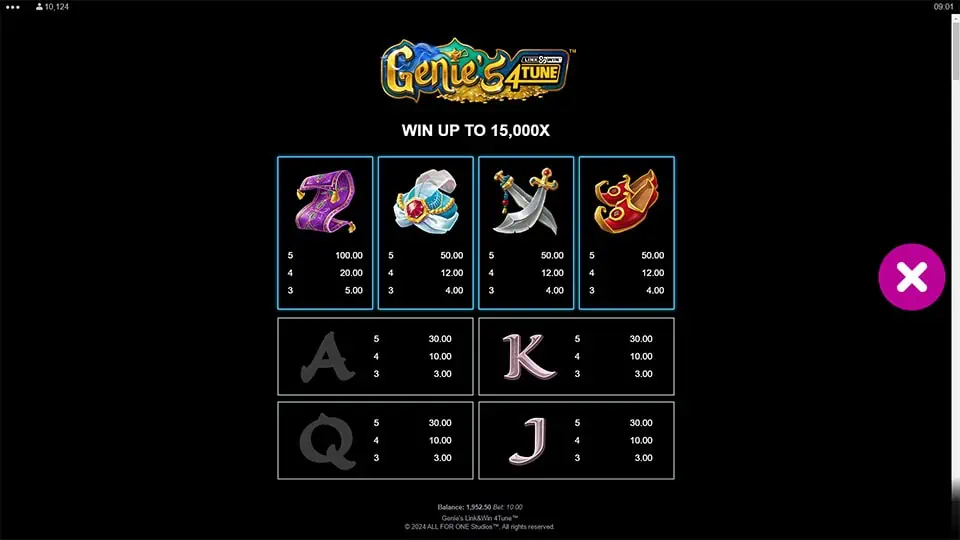 Genies Link and Win 4tune slot paytable
