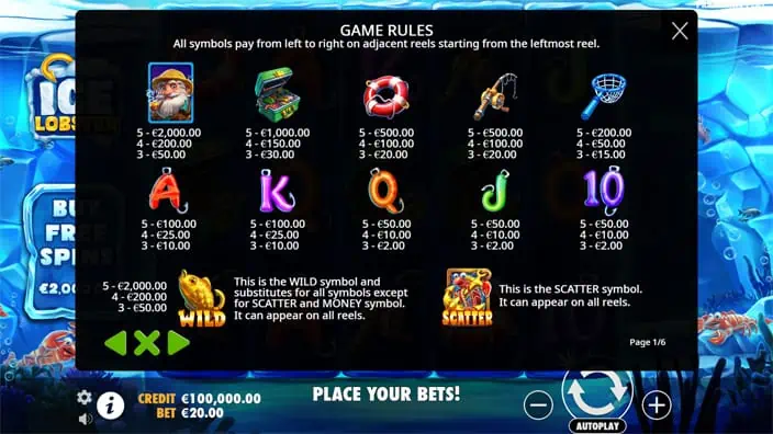 Ice Lobster slot paytable