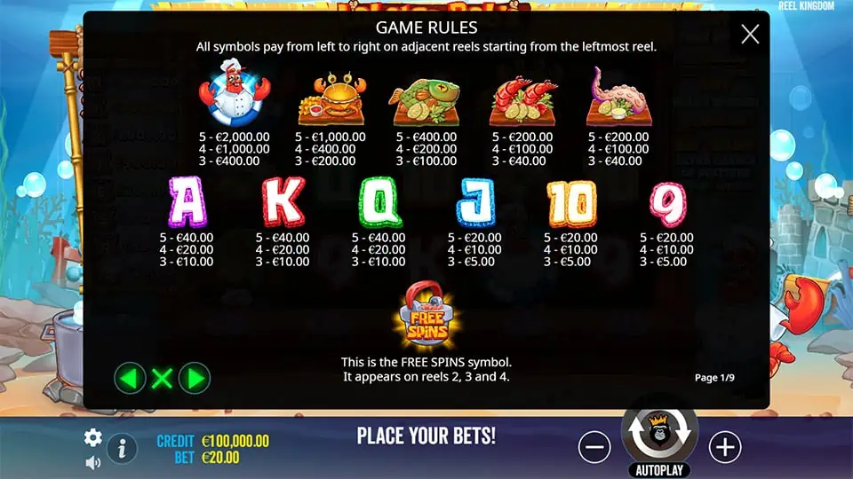 Lobster Bobs Sea Food and Win It slot paytable