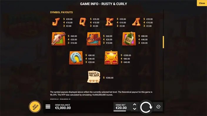 Rusty Curly slot paytable
