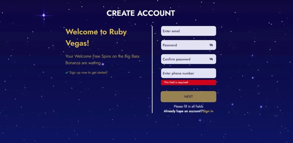 Rubyvegas free spins step 1