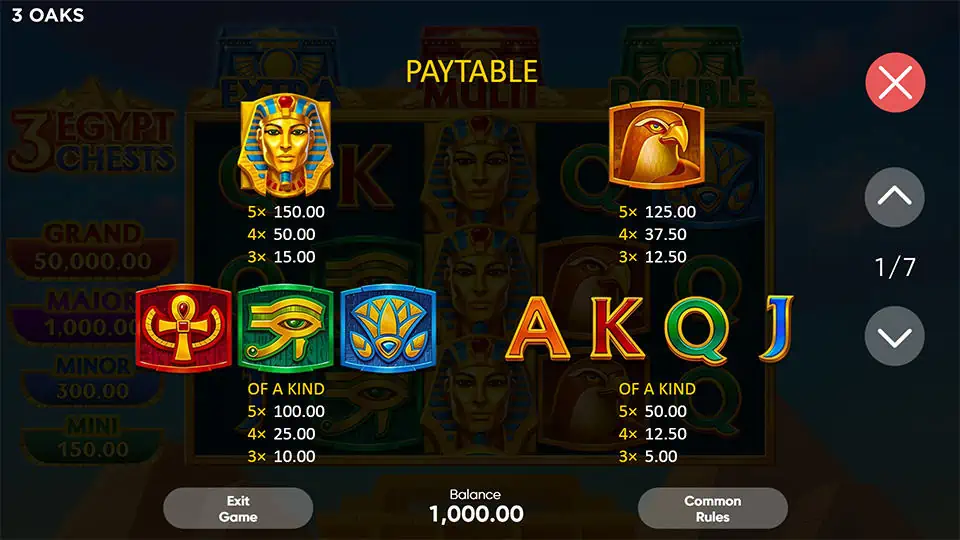 3 Egypt Chests slot paytable