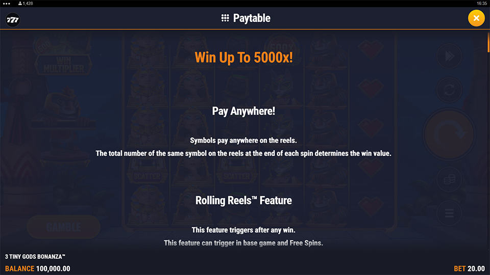 3 Tiny Gods Bonanza slot paytable