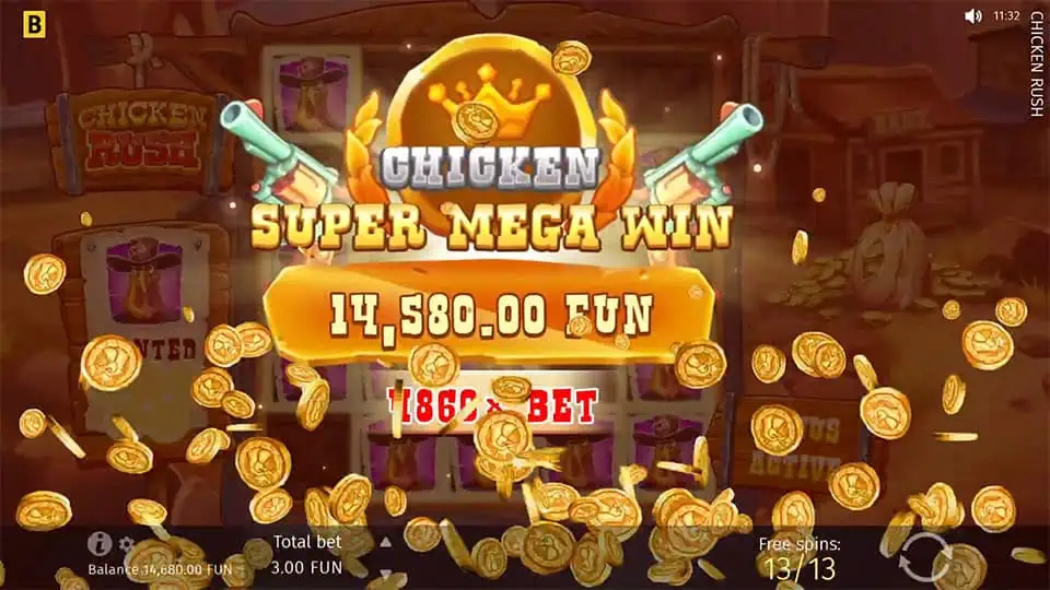 Super Mega Win screen in Chicken Rush slot displaying a €14,580 payout.