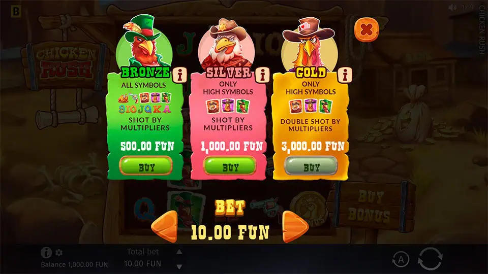 Buy Bonus feature in Chicken Rush slot offering Bronze for x50, Silver for x100, and Gold for x300 the bet.