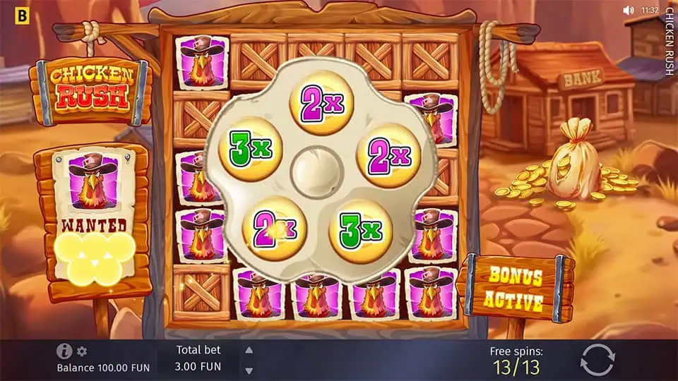 Wild Multiplier symbols appearing in Chicken Rush slot with values ranging from x2 to x3.