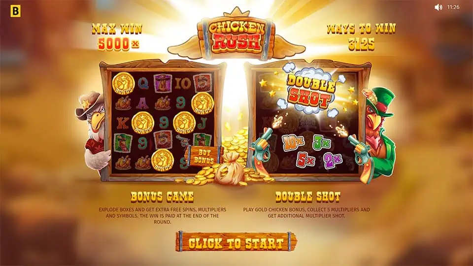 Homepage of Chicken Rush slot introducing game features and bonus mechanics.