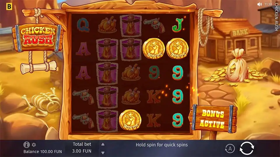 Three Scatter symbols appearing in Chicken Rush slot, triggering the Bonus Game feature.