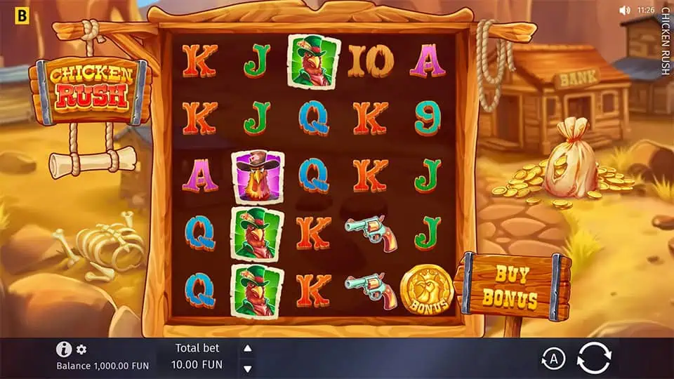 Preview of Chicken Rush slot showing the reels and farmyard-themed symbols in action.