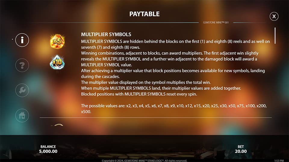 Gemstone Mine slot paytable