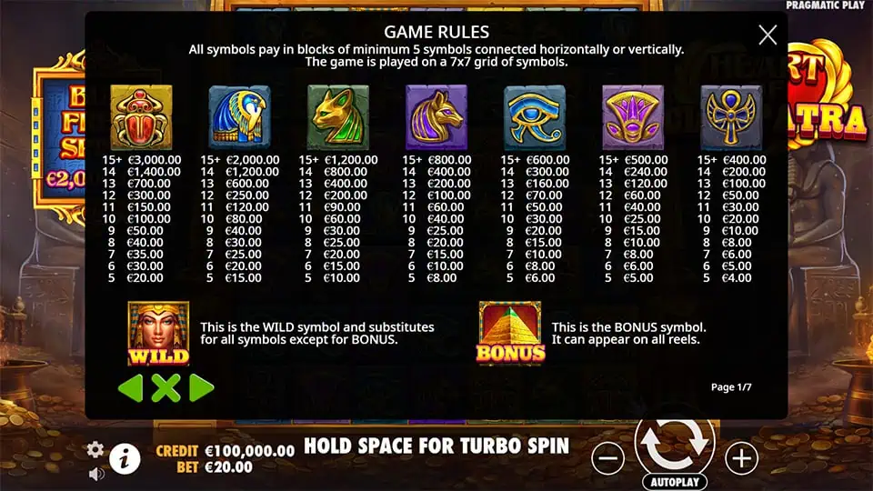 Heart of Cleopatra slot paytable