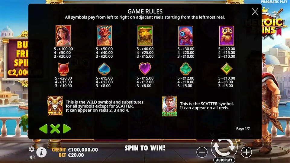 Heroic Spins slot paytable