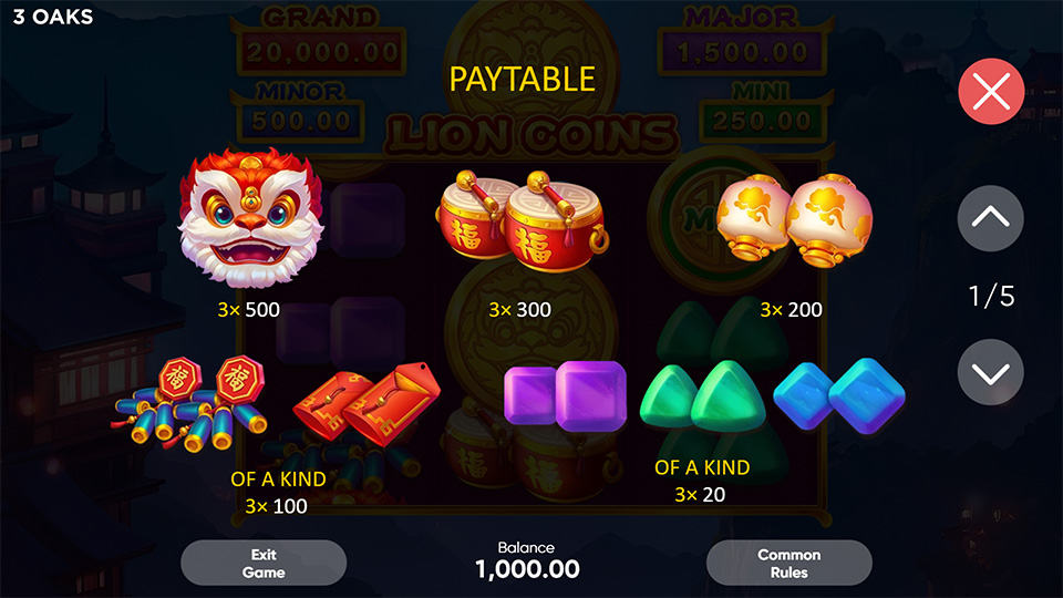 Lion Coins slot paytable