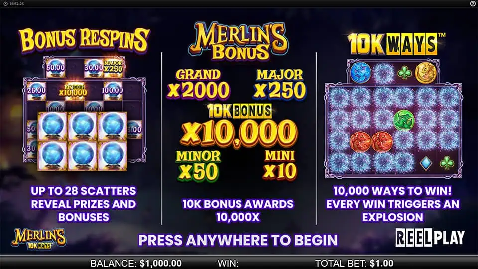 Merlins 10K Ways slot features