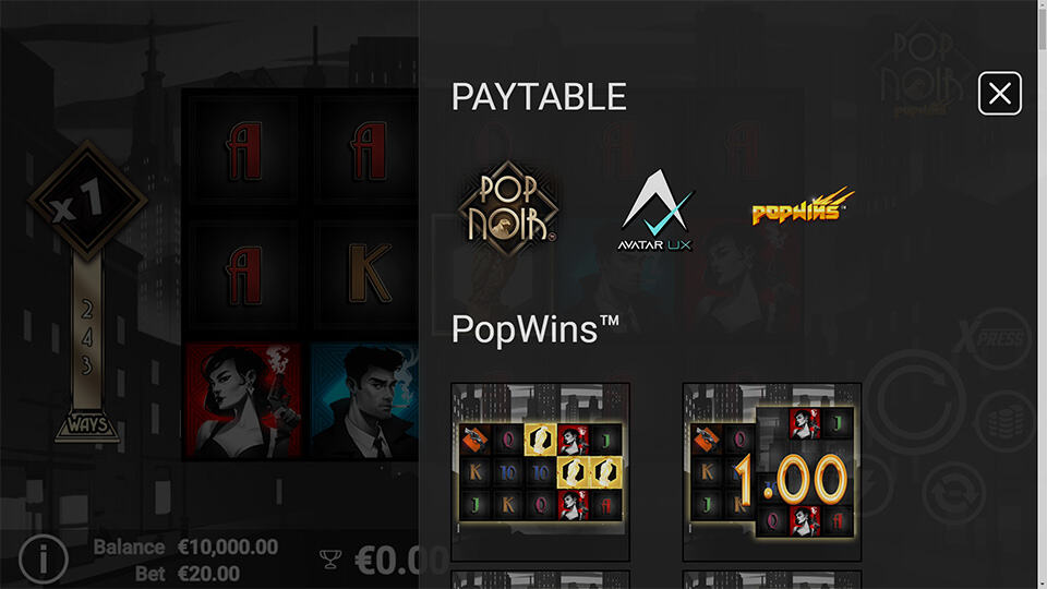 PopNoir slot paytable