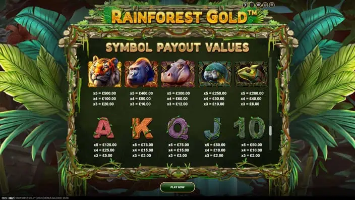 Rainforest Gold slot paytable