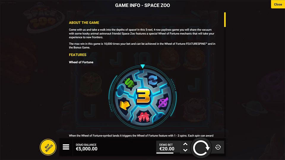 Space Zoo slot paytable