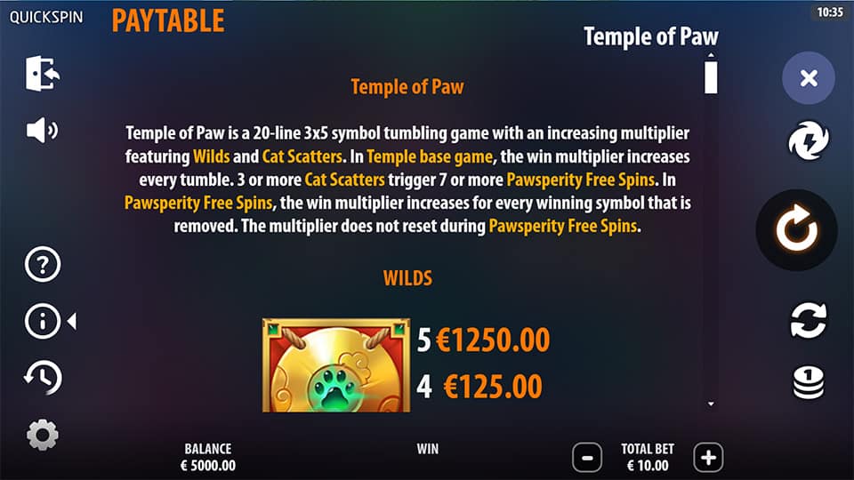 Temple of Paw slot paytable