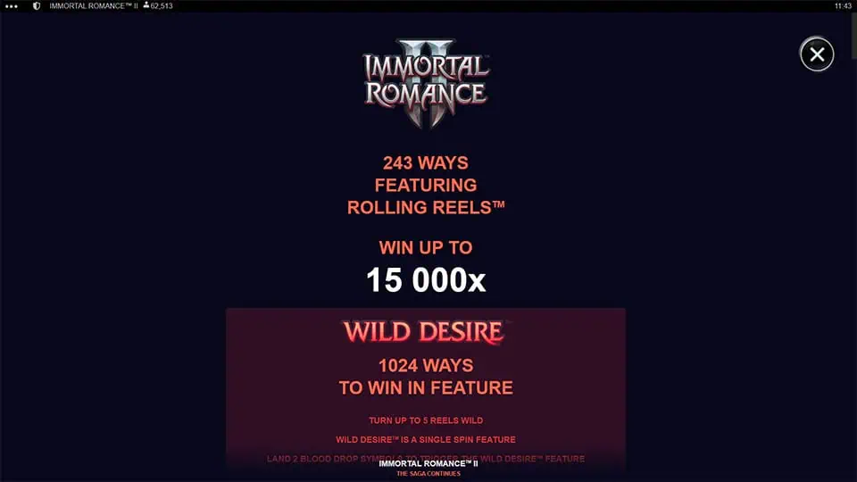 Immortal Romance 2 slot paytable