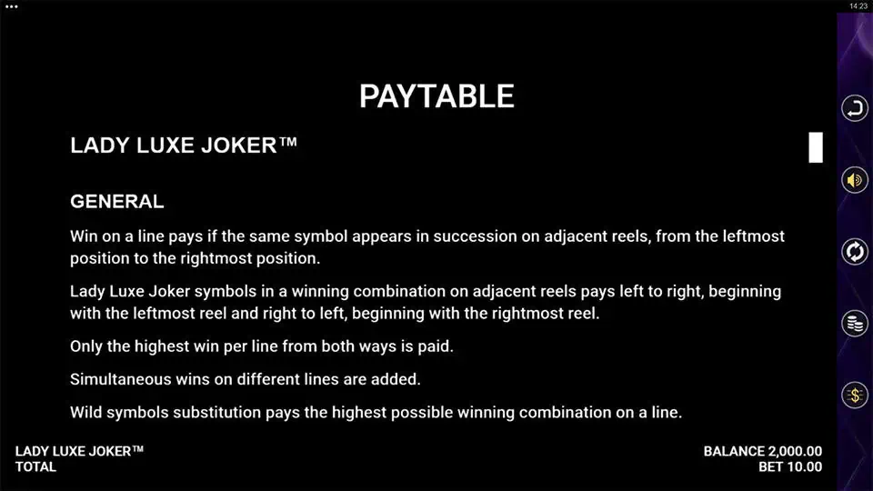 Lady Luxe Joker slot paytable