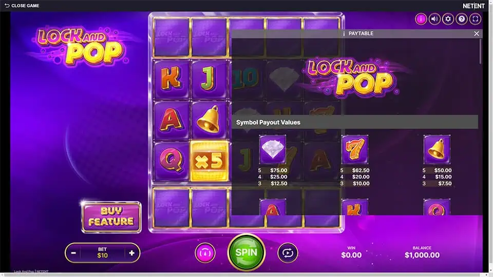 Lock and Pop slot paytable