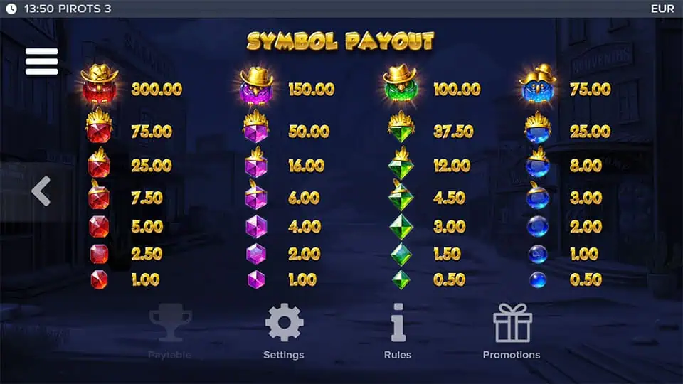 Pirots 3 slot paytable