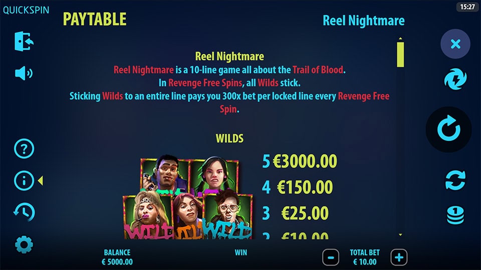 Reel Nightmare slot paytable