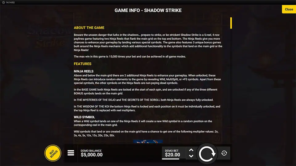 Shadow Strike slot paytable