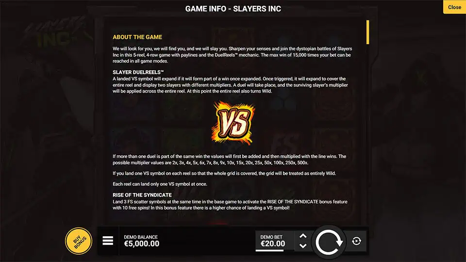 Slayers Inc slot paytable