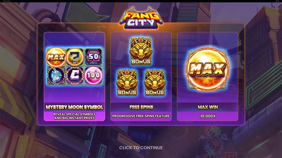 Intro screen showing max win, free spins, and moon symbol mechanics in purple UI.