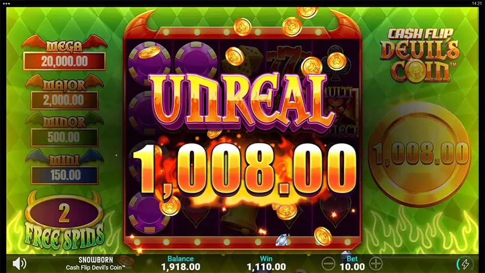 Unreal Win screen in Cash Flip Devil's Coin slot displaying a €1,008 payout.