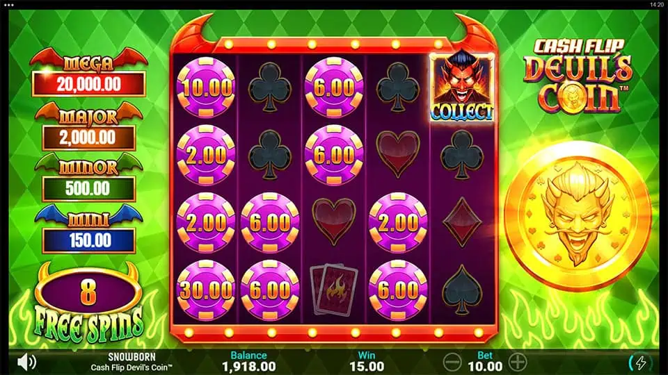 Devil Collect feature in Cash Flip Devil's Coin slot collecting all visible Coin symbols.