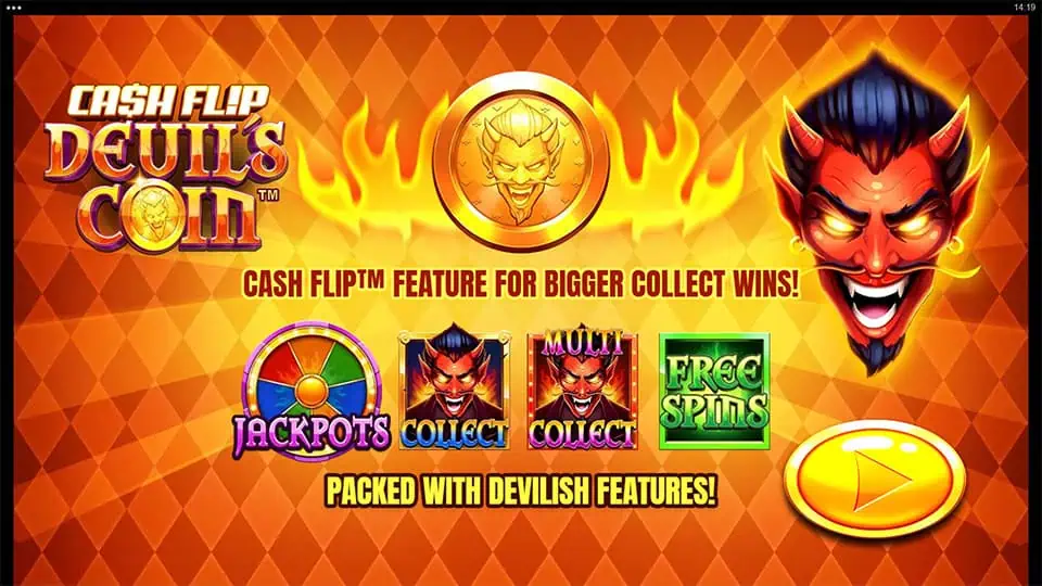 Homepage of Cash Flip Devil's Coin slot introducing game features and bonus mechanics.