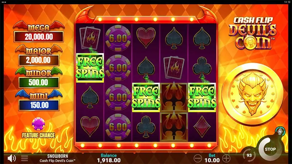 Three Free Spins symbols appearing in Cash Flip Devil's Coin slot, triggering the Free Spins bonus round.