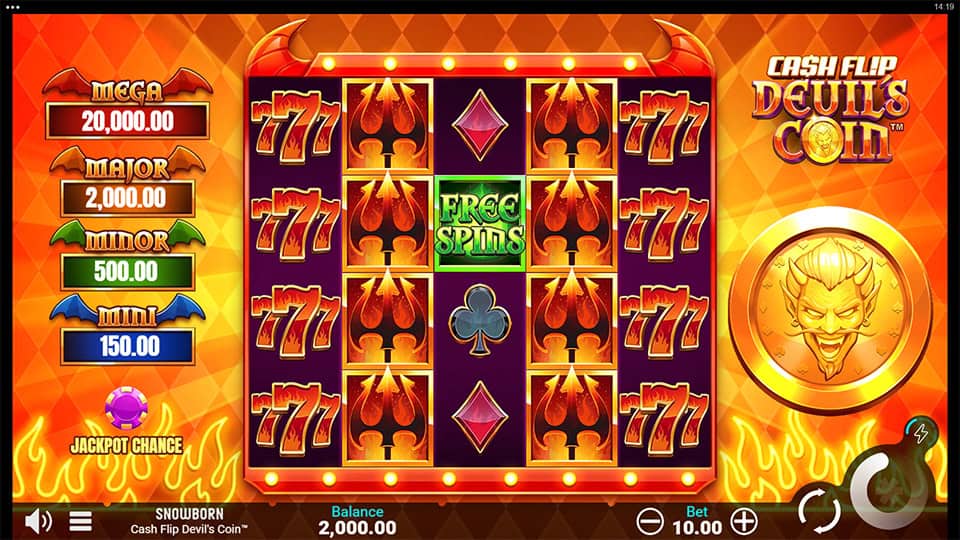 Preview of Cash Flip Devil's Coin slot showing the reels and devil-themed symbols in action.