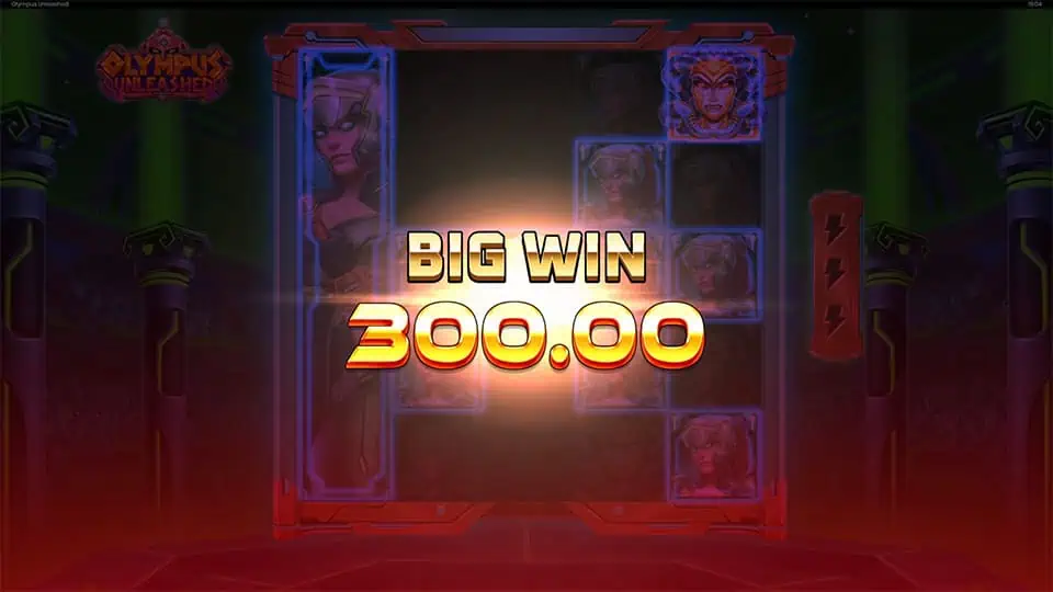 Big Win screen displaying 300.00 with glowing animations and Athena in the background.