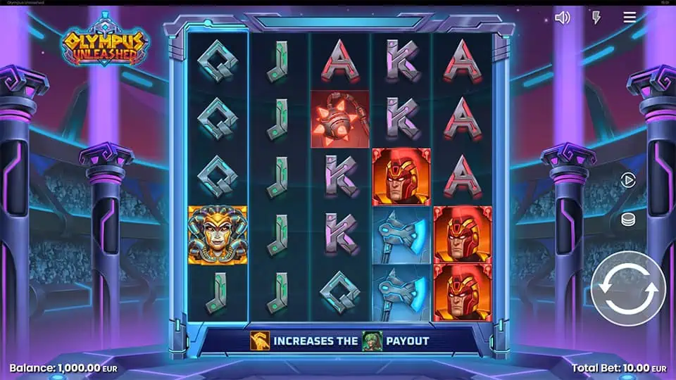 Base game screen with reels showing Medusa symbols, god characters, and card icons.