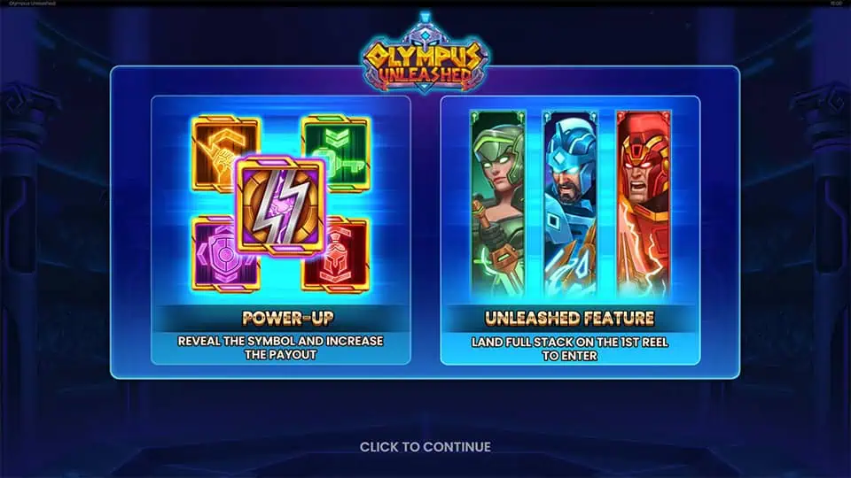 Intro screen highlighting Power-Up and Unleashed features with character and symbol explanations.