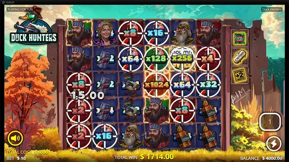 Multiplier Spots feature in Duck Hunters slot with a massive x1,024 multiplier on screen.