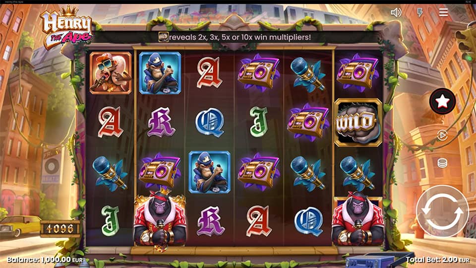 Main game screen featuring boomboxes, mics, and gorilla characters on a 6x4 grid with 4096 ways to win.